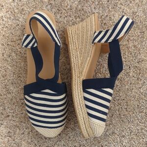 Navy Striped Espadrille Wedge Sandals